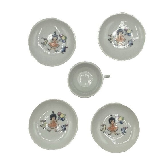 MCM Mini Cup Saucers Little Girl Balloons Birds Mid Century Modern Japan Kuwaii - Picture 2 of 13